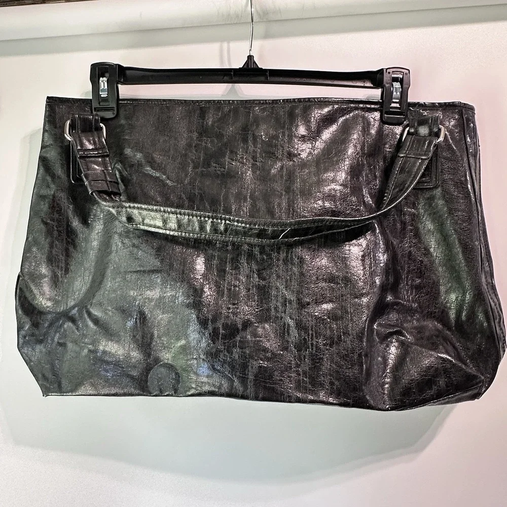 Y2K Black Faux Leather Tote Bag Large Slouchy Shoulder Purse Distressed 2009